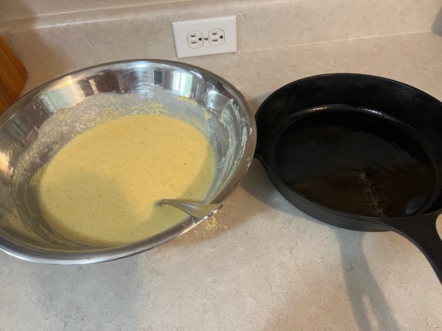 All the mixing is done and the pan is oiled up. This can sit for many hours, but if overnight, cover and refrigerate.