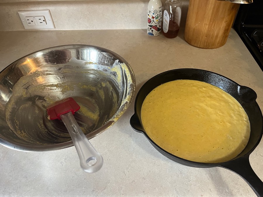 Oven is at {temp:400F}. Pour the batter in and use a handy spatula to get all of it in there. Waste not.