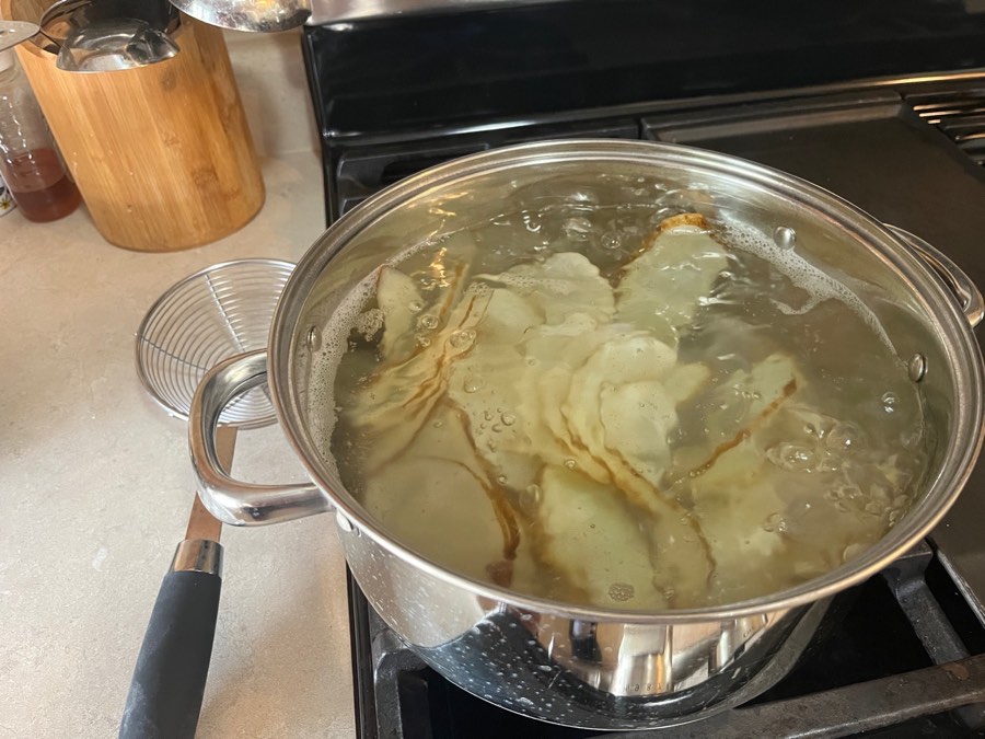 Chips in vinegar water. Notice the bit of foam starting: that’s the starch coming off.